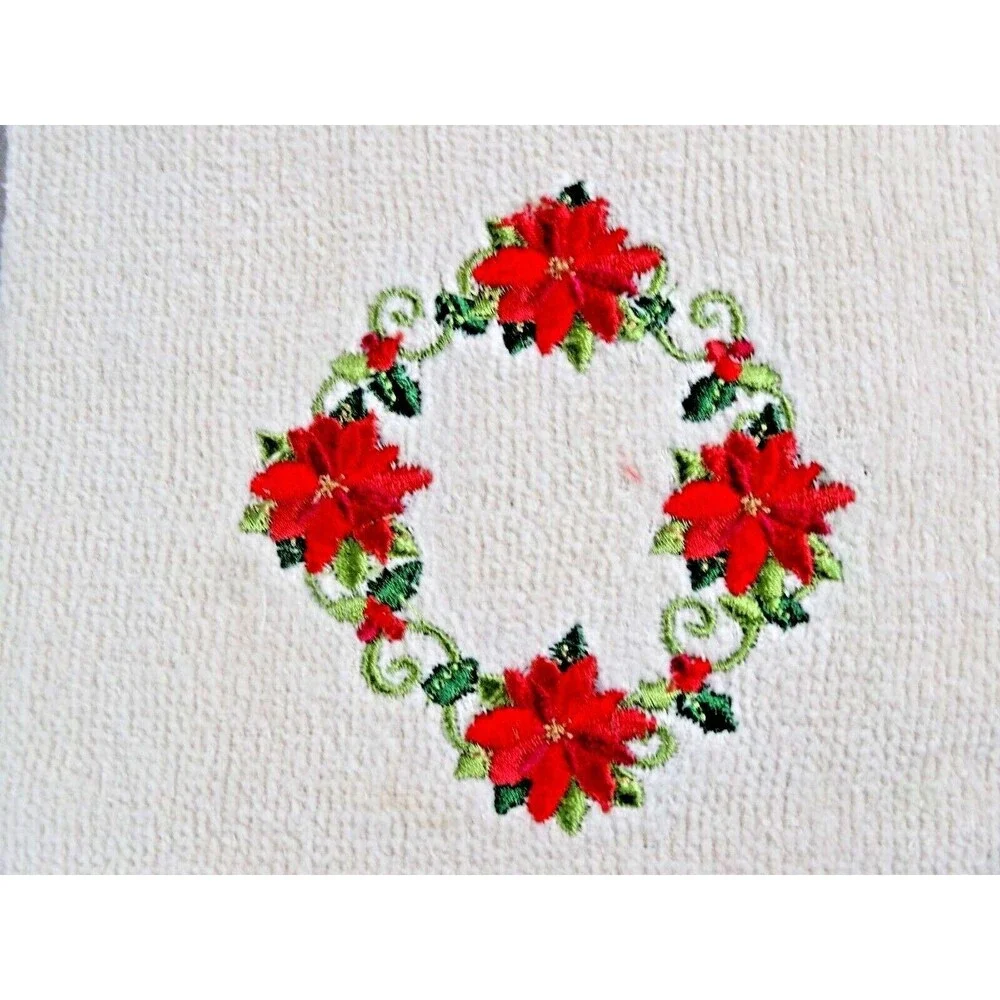 Poinsettia Hand Towels Cotton Embroidered Floral Red Green Holiday 3-pc Gift NEW